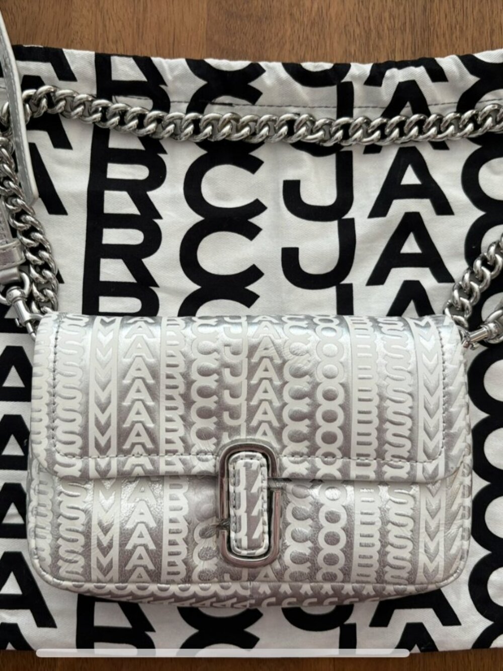 Marc Jacobs The Monogram Metallic J Mini Silver Bright White Leather Bag